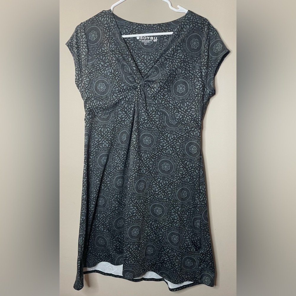Soybu Sport Women's Athletic Dress Large Black Gray Twist Front Short Sleeve